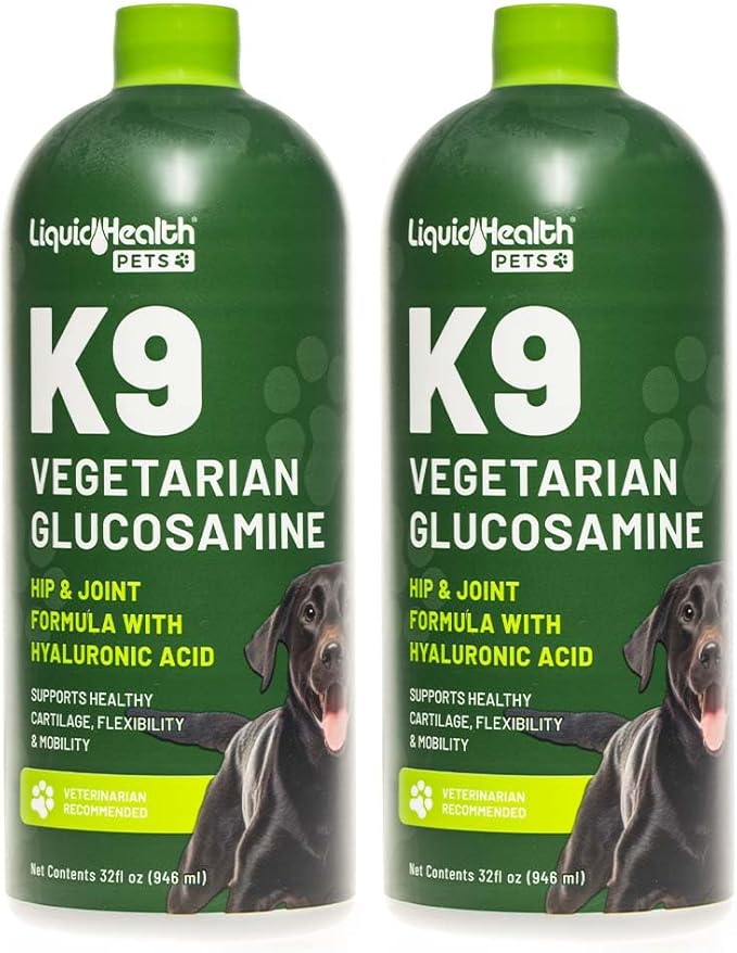 LIQUIDHEALTH Pets K9 Vegetarian Liquid Glucosamine Juice for All Dogs Canines with Chondroitin, MSM, Omega 3, Antioxidants, Hyaluronic Acid - Dog Vitamin Oil for Hip & Joint Health - USA Made (2 Pack)