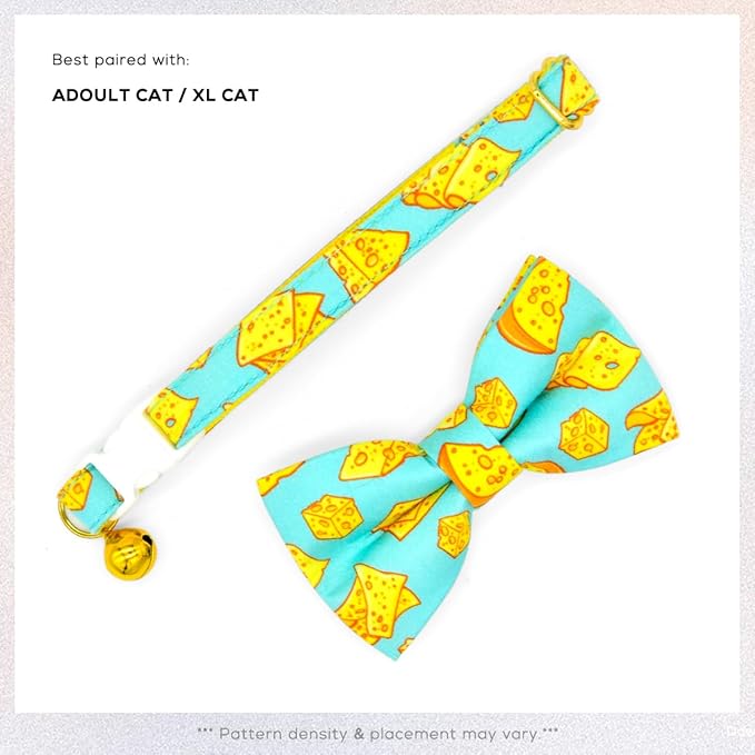 Cheese Cat Bow Tie Collar, Blue & Yellow Cheese Pattern, Wedding/Birthday/Festivals Cat Collar, Quick Release Safety Breakaway Collar
