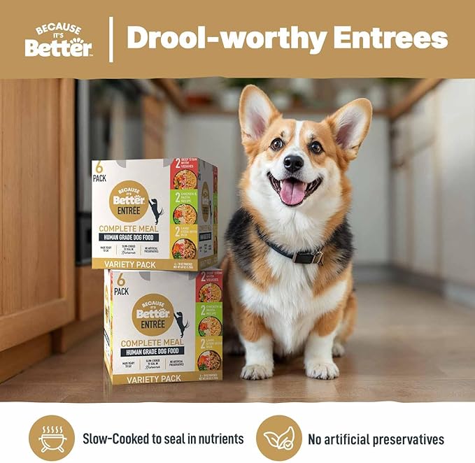 Because It's Better Entrée Complete Meal, Variety Pack, Human Grade Wet Dog Food, 10 oz Pouches, 6 Count