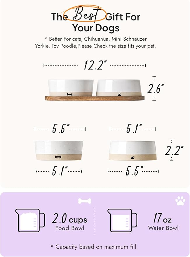 LE TAUCI PET Ceramic Dog and Cat Bowls Set with Acacia Wood Tray - 2 Cup Weighted Non-Slip Food and Water Dishes for Small Dogs & Cats, Pet Bowl Set of 2