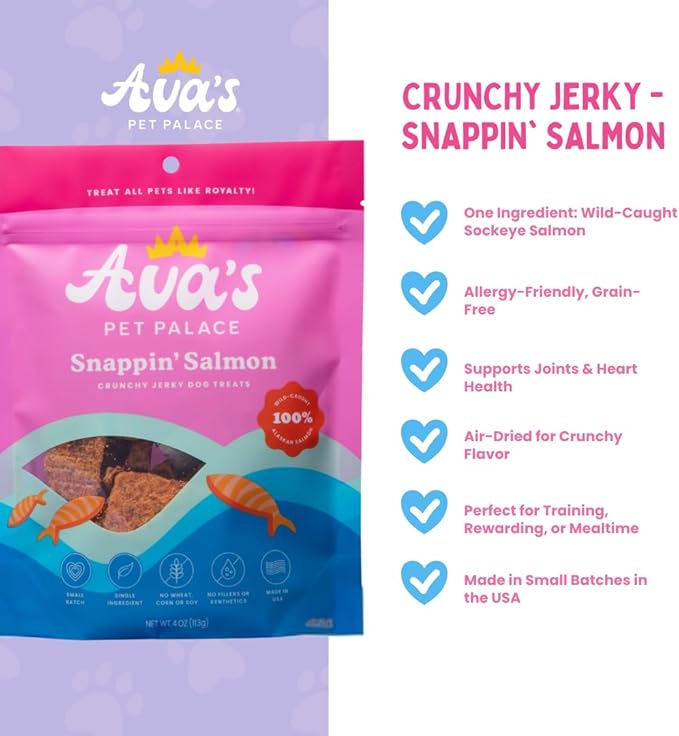 Ava’s Pet Palace Snappin’ Salmon – Air-Dried Wild-Caught Salmon Jerky Dog Treats | Sustainable, High-Protein, Single-Ingredient, Grain-Free Chews | Healthy, Crunchy, No Preservatives | Made in the USA