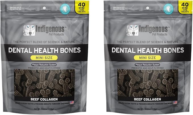 Indigenous Pet Dental Health Bones Mini 2 Pack – Beef Collagen (11.92 Ounce x 2) | Grain-Free Dog Chews with Prebiotics & Omegas | Freshens Breath, Supports Digestive, Skin & Coat Health |