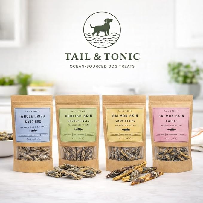 TAIL & TONIC Salmon Skin Dog Treats - Single Ingredient, Air-Dried Chewy Fish Skins, High Protein, Omega-3 Rich Dental Chews (Salmon Skin Twist)