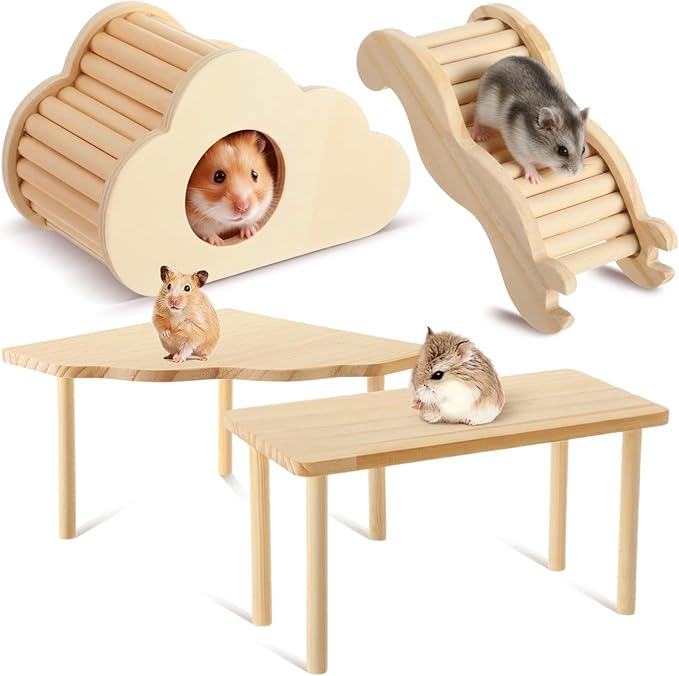 BreezeHug 4 Pcs Hamster Platform Hideout Wooden Tunnel Ladder Playhouse Hamster Game Climbing Toy with Platform Cage Accessories for Small Pets Dwarf Syrian Mice Degus Gerbils Squirrel(Cloud)