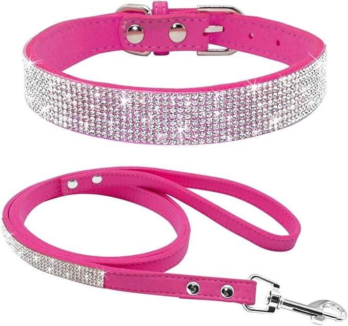 Cute Dazzling Sparkling Elegant Fancy Soft Suede Leather Bling Rhinestone Crystal Jeweled Pet Cat Dog Puppy Collar Dog Leash Combo Set (L(Neck 15-18"), Hot Pink)