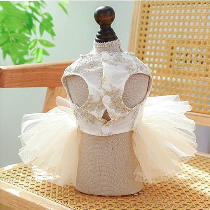 ANIAC Embroidered Dog Dress for Small Dog,Girl Puppy Princess Tutu Dress with Leash Ring,Cat Apparel,Chihuahua Yorkie Clothes for Birthday Wedding (X-Small, Champagne)