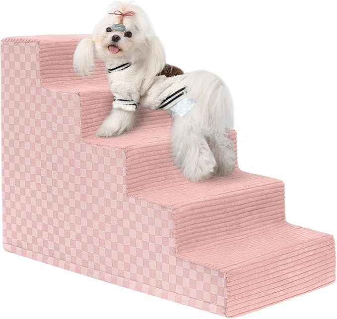 Vfrog Dog Stairs for Small Dogs,22" H,5-Step Dog Steps Ramp for Bed and Couch with High Density Foam,Non-Slip Pet Steps for Dogs and Cats,Pet Stairs with a Washable Cover,Pink