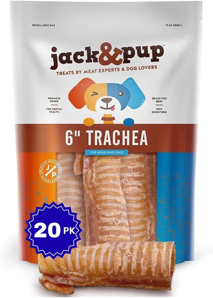 Jack&Pup 6" Beef Trachea for Dogs 20 Pack | All Natural Single Ingredient Dog Treat Dog Trachea Chews | Savory and Fun Treat for Dogs