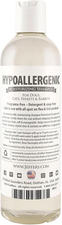 Jeffers Pet Hypoallergenic Shampoo for Dogs, Cats & Small Animals 17 oz – Concentrated Moisturizing Tearless Formula with Aloe Vera & Vitamins A D E, Fragrance & Soap Free, Gentle for Sensitive Skin