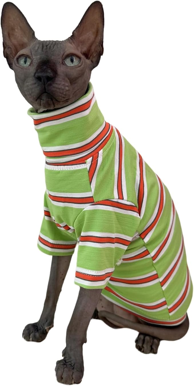 Vintage Stripes Sphynx Hairless Cats Shirt Cotton Cat Turtleneck Pet Clothes Kitten T-Shirts with Sleeves for Sphynx Cornish Rex, Devon Rex, Peterbald (Orange & Green, Medium (Pack of 1))