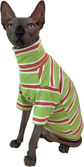 Vintage Stripes Sphynx Hairless Cats Shirt Cotton Cat Turtleneck Pet Clothes Kitten T-Shirts with Sleeves for Sphynx Cornish Rex, Devon Rex, Peterbald (Orange & Green, Medium (Pack of 1))