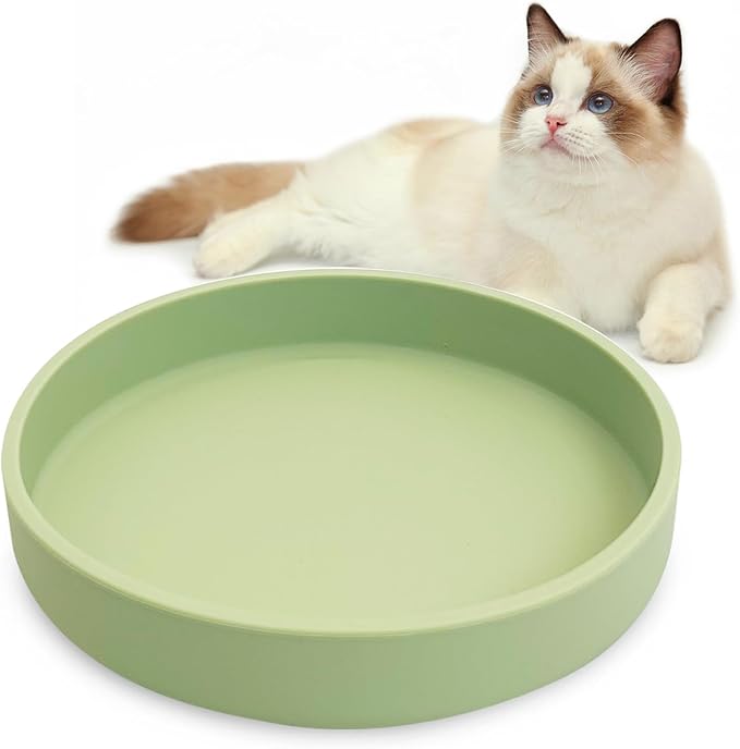 Silicone Cat Food Bowl Shallow Dishes 5.9in Wide Cats Bowls Kitty Plates Relief Whisker Fatigue Puppy Feeding Bowl for Dry Food and Wet Food Indoor (Round Bean Green)