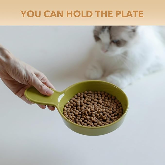 Havniva Ceramic Wide Whisker Friendly Cat Dishes, Set of 3 Ceramic Cat Bowls with Handle, Anti-Slip Indoor Kitten Feeding Food& Water Dish to Prevent Whisker Fatigue(3 Pcs, Matcha Green)