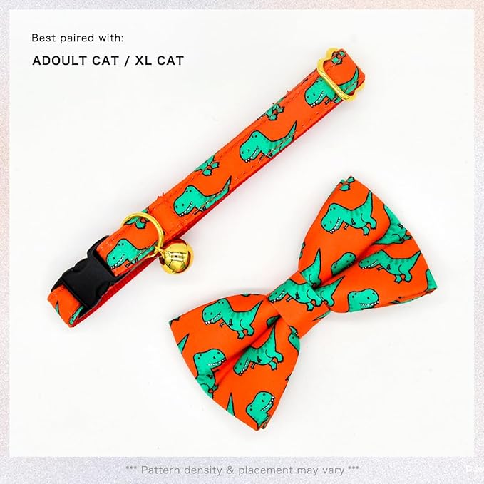 Cat Collar Bow Set, Green Dinosaur Red Background, Wedding/Birthday Breakaway Collar Bowtie for Kitten/Cat