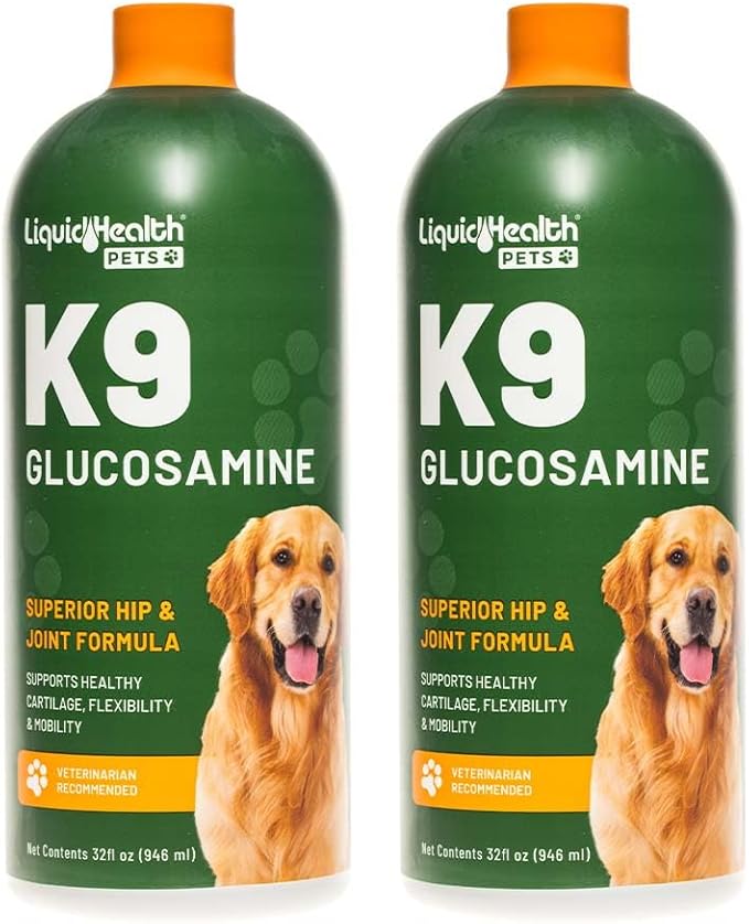 LIQUIDHEALTH Pets K9 Liquid Glucosamine for Dogs, Puppies, Senior Canines with Chondroitin, MSM, Hyaluronic Acid - Dog Vitamins for Hip Joint Health, Dog Joint Oil, Joint Juice - Made in USA (2 Pack)