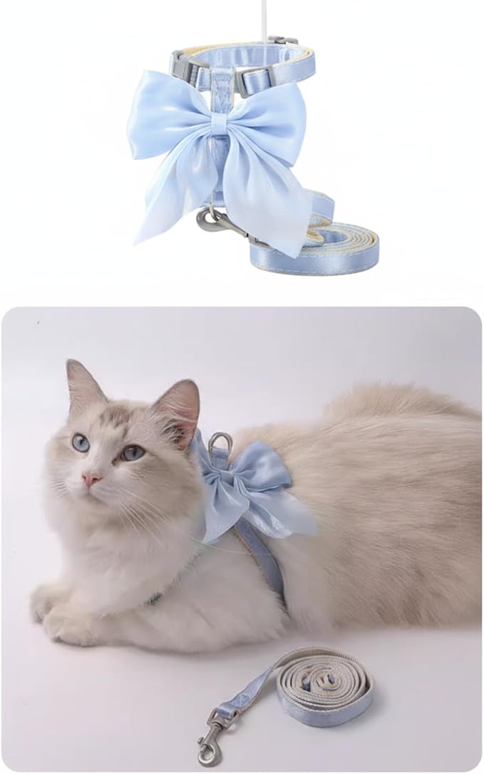 Cat Harness with Bow Pink Soft Velvet Chest Strap for Kittens and Cats, Adjustable Pet Leash for Walks, Cute Dog Collar Accessory (Blue,Medium (7-12 lbs))