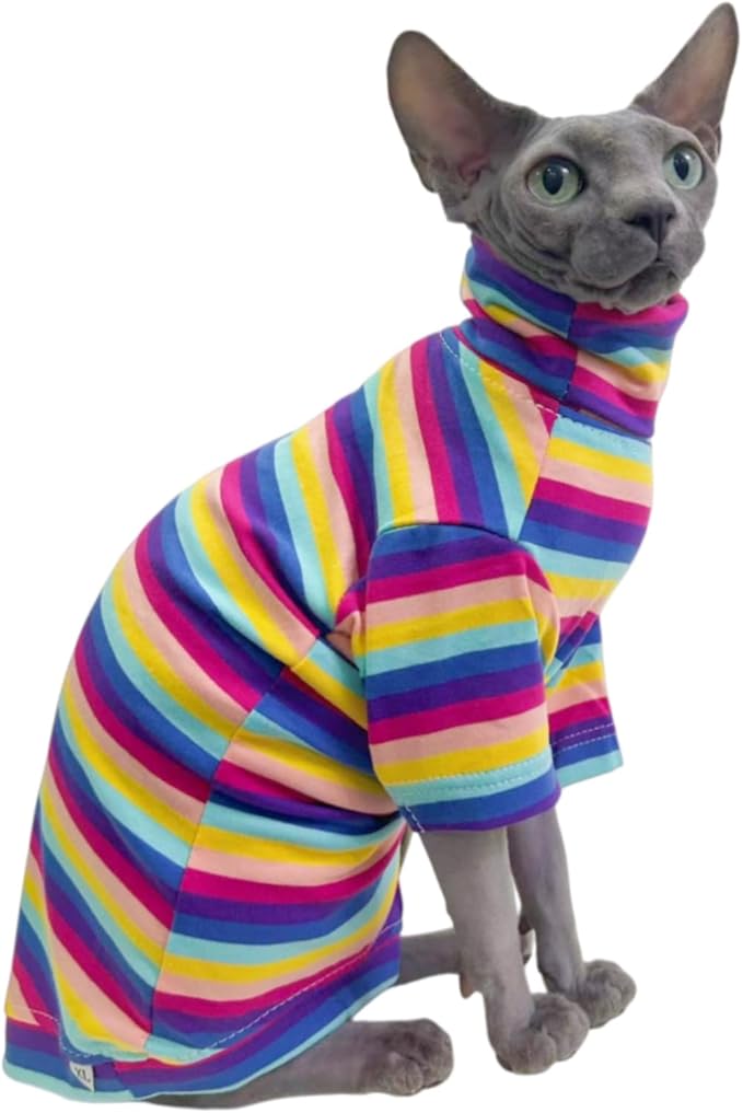 Vintage Stripes Sphynx Hairless Cats Shirt Cotton Cat Turtleneck Pet Clothes Kitten T-Shirts with Sleeves for Sphynx Cornish Rex, Devon Rex, Peterbald (Rainbow Stripe, Large (Pack of 1))