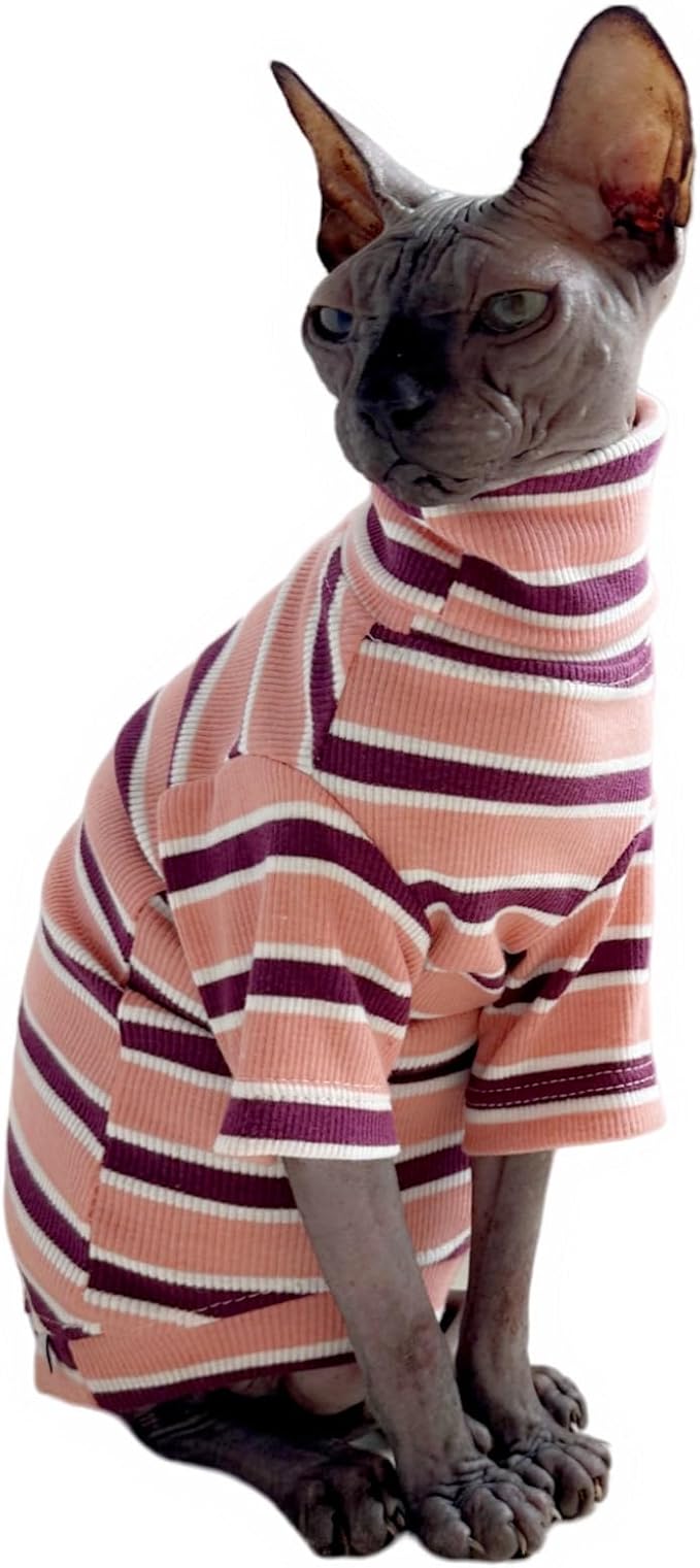 Turtle Neck Vintage Stripes Sphynx Hairless Cat Cotton T-Shirts Pet Clothes Vest Kitten Shirts Sleeveless, Cats & Small Dogs Apparel (Pink, S (3.3-5 lbs))