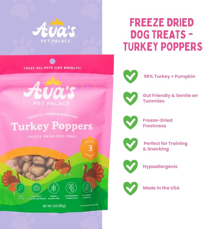 Ava's Pet Palace Turkey Poppers – Freeze-Dried Turkey Dog Treats with Pumpkin | High Protein, Grain-Free, Single-Ingredient Training Treats & Food Topper | Made in USA | No Preservatives
