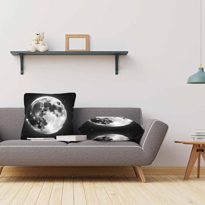Decor Throw Pillow Case Full Moon Bright with Stars in Black Universe Set of 2 Cushion Covers 18X18 Inch for Women Men for Couch Bedroom Living