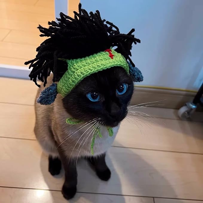 Cat Knitted Hat with Dreadlocks - Pet Woolen Cap Cool Wigs Cosplay Headwear for Sphinx Kitten Puppy Halloween Costume Party Accessories Christmas Birthday S (3.3 lbs - 6.6lbs), Green