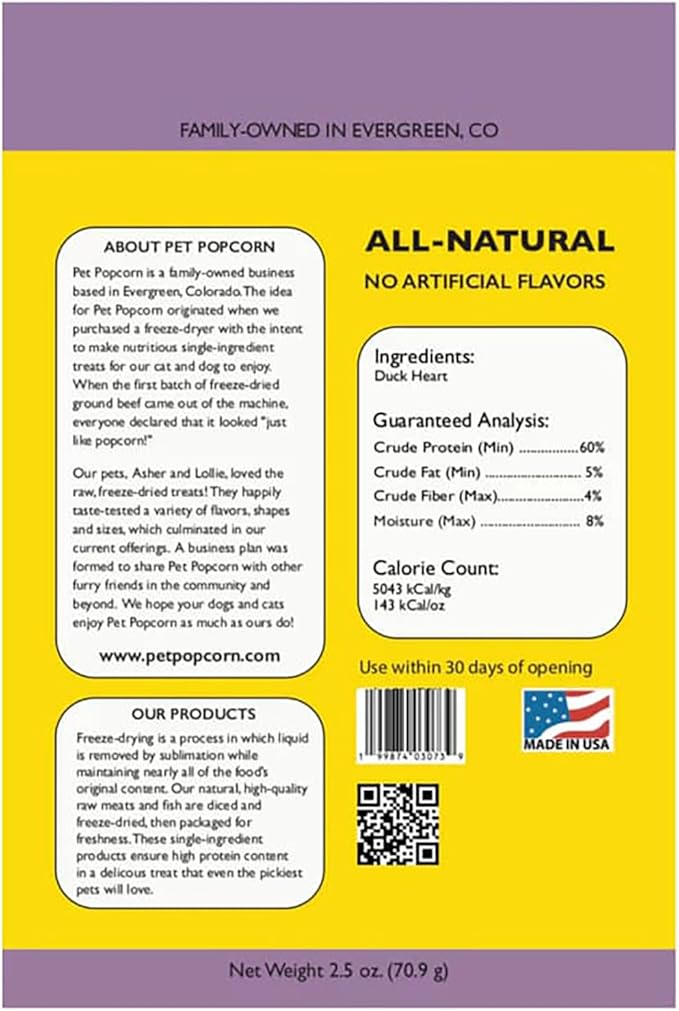 Freeze-Dried Raw Treats - Duck Heart - 2.5oz Bag, Dog & Cat Snacks, Single Ingredient, Natural, Pet Food Topper, Protein‑Packed Meat