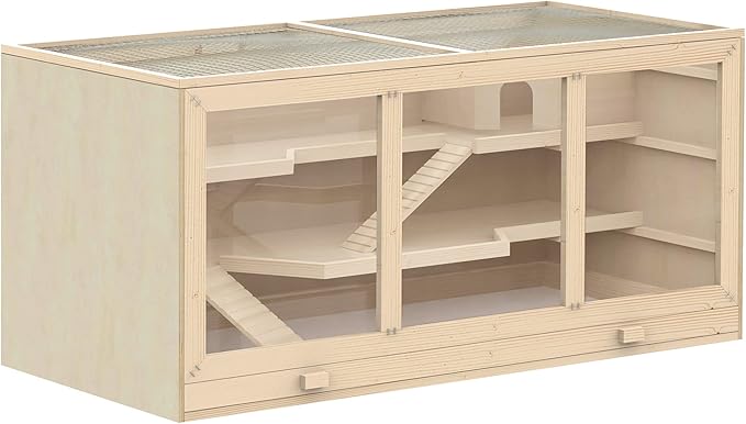 Extra Large Hamster Cage, Wooden Chinchilla Cage, 3-Layer Hamster Hideout with Open Roof Gerbil Cage for Ferret, Mice Rat Reptiles (Natural)