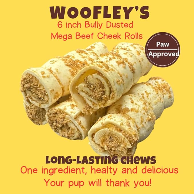 Woofley's 5-6" Bully Dusted Beef Cheek Roll - (50 Count)- Beef Cheek Rolls for Dogs - Long Lasting Natural Dog Chews