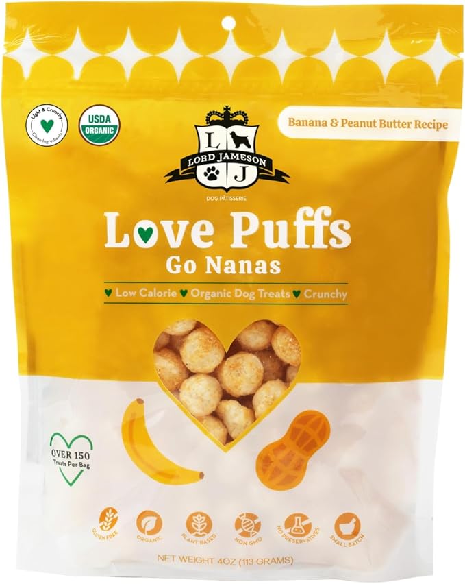 Lord Jameson Go Nanas | Light & Crunchy Love Puffs Collection | Organic Dog Treats, Peanut Butter and Banana Recipe, Gluten-Free, Preservative-Free, USDA Certified Organic. Made in USA