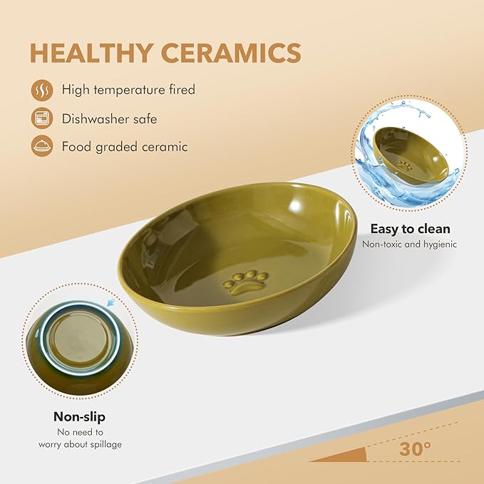 Havniva Ceramic Wide Whisker Friendly Cat Dishes, Set of 3 Ceramic Cat Bowls with Paw Print, Anti-Slip Indoor Kitten Feeding Food& Water Dish to Prevent Whisker Fatigue(3 Pcs, Matcha Green)