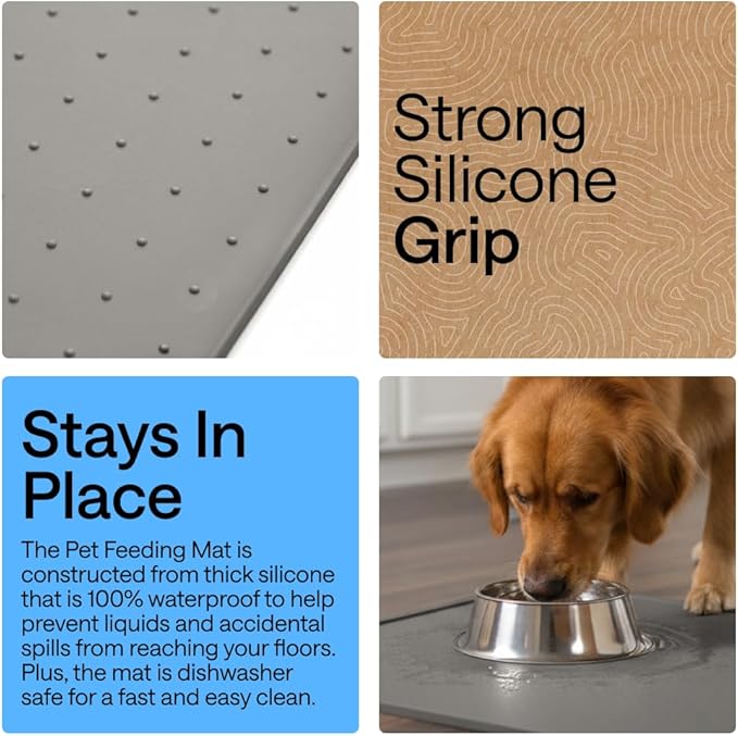 GORILLA GRIP 100% Waterproof Raised Edge BPA Free Silicone Pet Feeding Mat, Dog Cat Food Mats Contain Spills Protects Floors, Placemats for Cats and Dogs Water Bowl, Pets Accessories 16x10, Gray