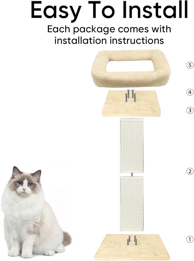 AGYM Cat Scratching Post, 32”Cat Scratcher with Large Plush Perch, Sisal & Carpet Scratching Post, Vertical Posts with Elevated Bed for Indoor Cats, Removable& Washable Cover, Beige