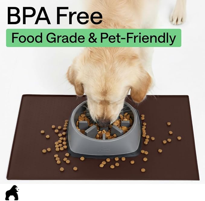 GORILLA GRIP 100% Waterproof Raised Edge BPA Free Silicone Pet Feeding Mat, Dog Cat Food Mats Contain Spills Protects Floors, Placemats for Cats and Dogs Water Bowl, Pets Accessories 28x18 Brown