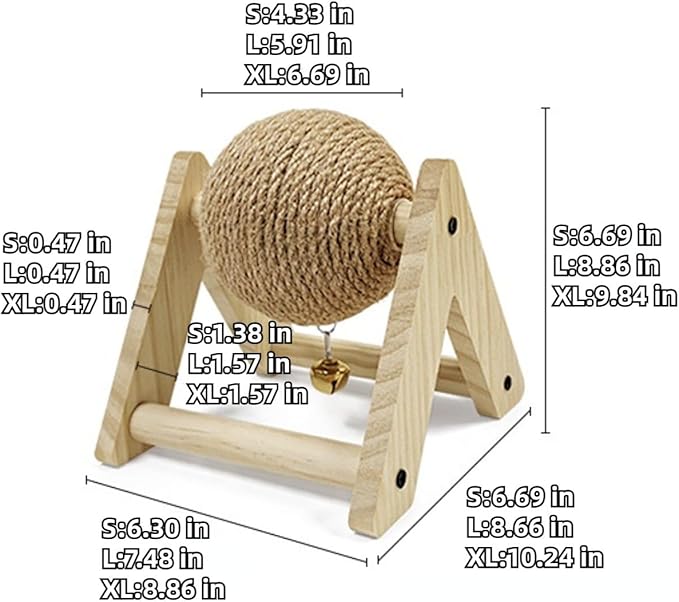 Rabbit Scratch Toy Wooden Natural Sisal Rope Rabbit Scratching Toy Ball Bunny Scratcher with Ball and Bell for Rabbits Bunnies Ferrets Kittens Small Animals (S)