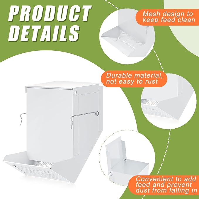 Maxcheck 2 Pcs Rabbit Feeder for Cages Small Animal Food Pellet Dispenser with Lid Metal Chicken Grit Oyster Shell Squirrel Feeders Outside(4.7 Inches,Mesh Bottom,White)