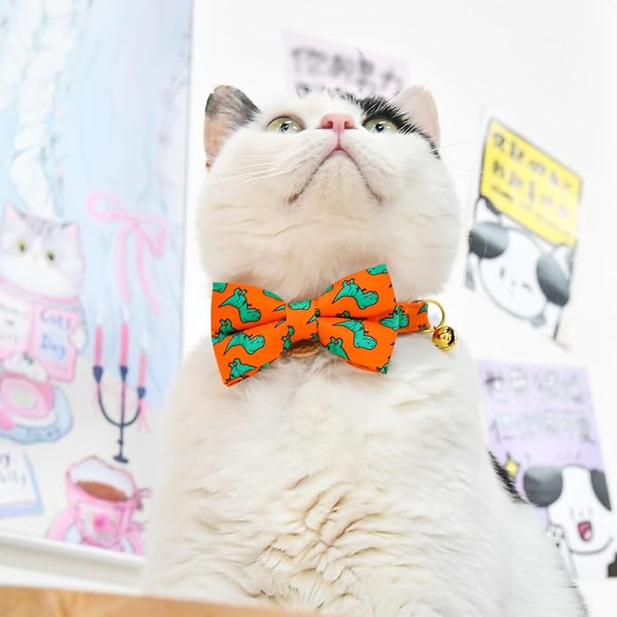 Breakaway Cat Collar Bowtie Bell, Orange Dinosaur T-rax, Wedding/Birthday Gift for Kitten