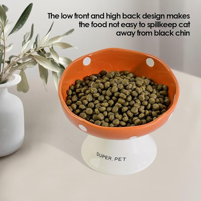 Ceramic Elevated Cat Bowls, Tilted Raised Pet Dish Anti Vomit Kitten Bowl for Indoor Cats, Whisker Friendly Pet Food and Water Bowl for Kitten, Cat, Puppies, Dishwasher Safe (Orange)