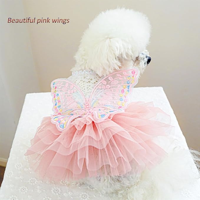 ANIAC Butterfly Dog Dress with Pink Tutu Funny Dog Clothes with Wing Girl Puppy Dress for Small Dogs Pet Butterfly Costume Holiday Cat Outfit for Halloween Birthday Wedding (Pink, Large)
