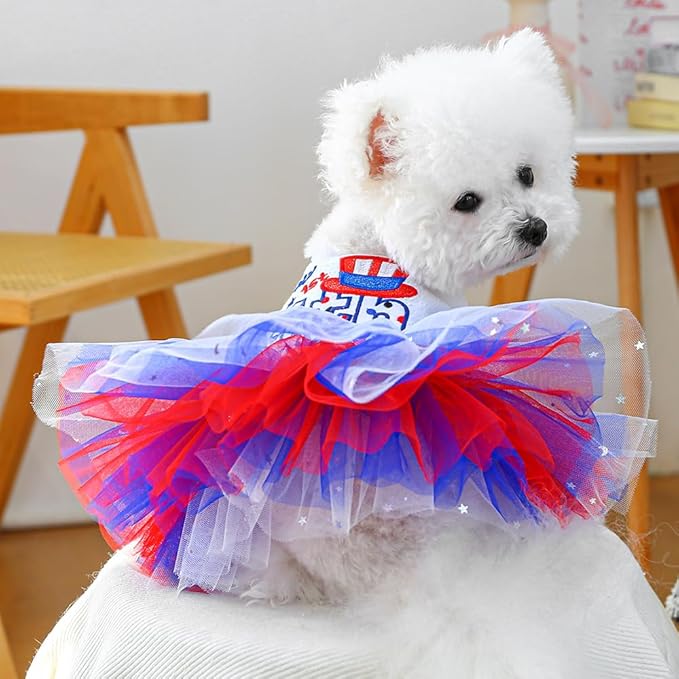 ANIAC 4th of July Girl Dog Dress with Stars Independence Puppy Clothes for Small Dog 1st Independent Day Cat Outfit Patriotic Pet Princess Tutu Skirt (Independence, X-Small)