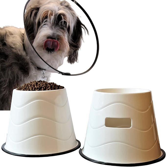 No Slip Base Elevated Bowls for Dogs Wearing Cone - Raised Bowls for Large Dogs - 2 Pair