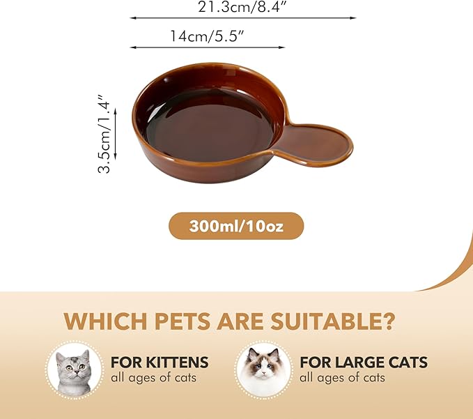 Havniva Ceramic Wide Whisker Friendly Cat Dishes, Set of 3 Ceramic Cat Bowls with Handle, Anti-Slip Indoor Kitten Feeding Food& Water Dish to Prevent Whisker Fatigue(3 Pcs, Caramel Brown)