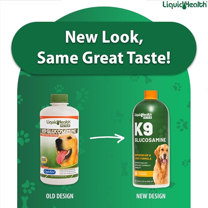 LIQUIDHEALTH Pets K9 Liquid Glucosamine for Dogs, Puppies, Senior Canines with Chondroitin, MSM, Hyaluronic Acid - Dog Vitamins for Hip Joint Health, Dog Joint Oil, Joint Juice - Made in USA (2 Pack)