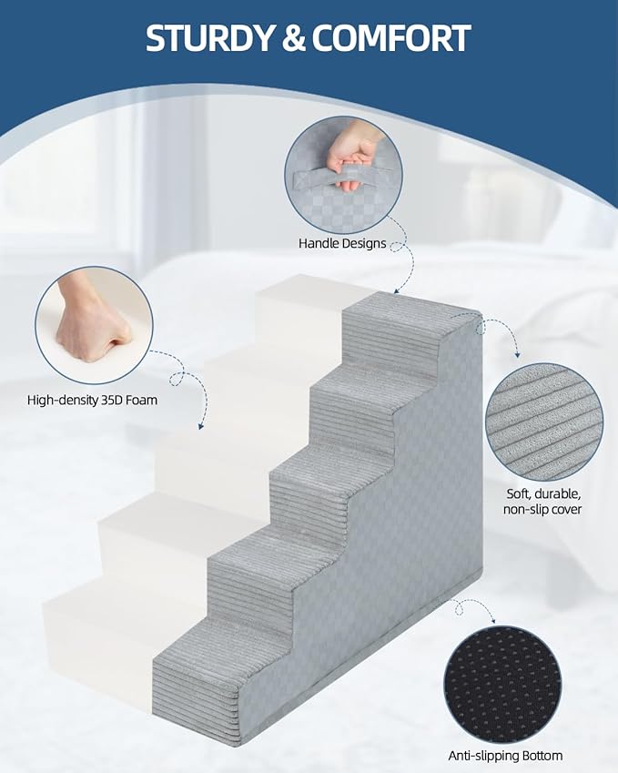 Vfrog Dog Stairs for Small Dogs,17.5" H,4-Step Dog Steps Ramp for Bed and Couch with High Density Foam,Non-Slip Pet Steps for Dogs and Cats,Pet Stairs with a Washable Cover,Grey