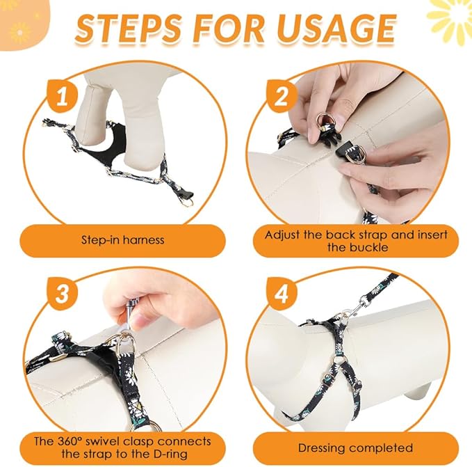 SlowTon No Pull Dog Harness with Leash - Soft Lightweight Floral Pattern Puppy Harness, Adjustable Pet Harness for Small Medium Dogs (Black Daisy XXS)