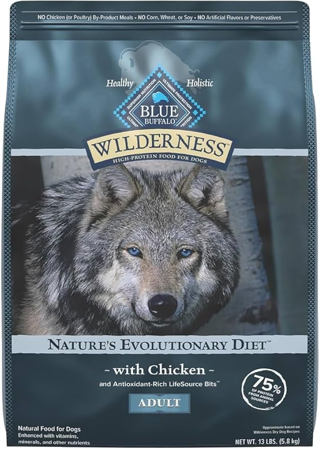 Blue Buffalo Wilderness Natural High-Protein Dry Food for Adult Dogs, Chicken Recipe, 24-lb. Bag