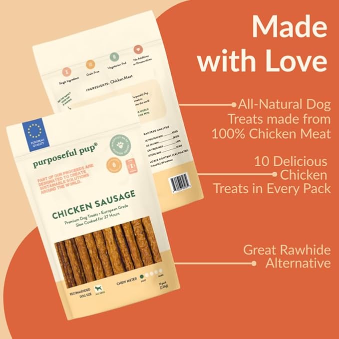 Chicken Sausage Dog Treats – All Natural, Single Ingredient, Grain-Free Chews for Dogs | Premium European Quality | High-Protein, Air-Dried, Healthy Snack (10 Pack, Chicken)