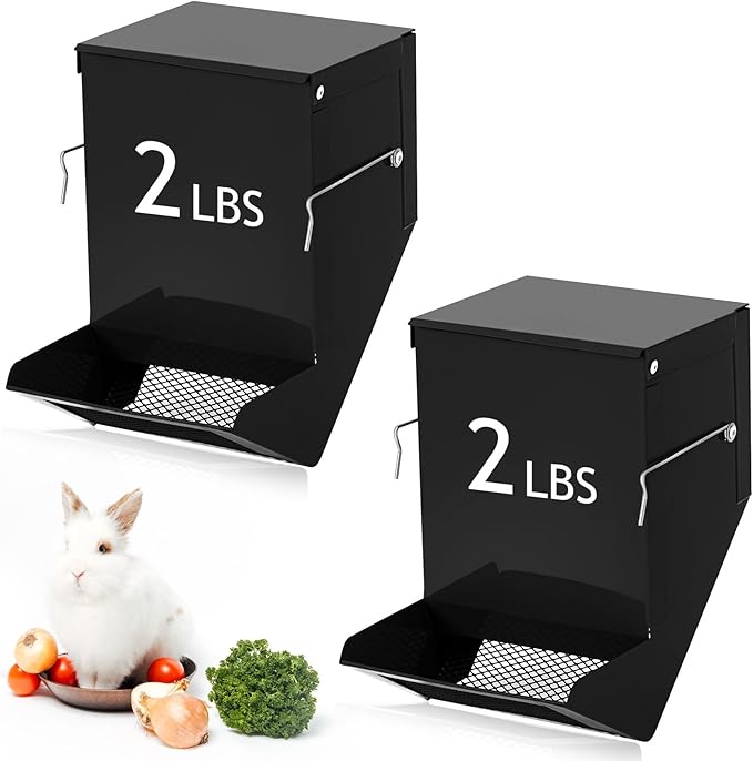 Maxcheck 2 Pcs Rabbit Feeder for Cages Small Animal Food Pellet Dispenser with Lid Metal Chicken Grit Oyster Shell Squirrel Feeders Outside(4.7 Inches,Mesh Bottom,Black)