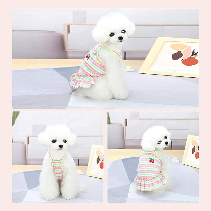 Cute Dog Dress for Small Dogs Girl Birthday Puppy Clothes Spring Summer Dog Outfits Rainbow Colorful Striped Cherry Princess Pet Tutu Skirt Doggie Cat Chihuahua Yorkies Dresses