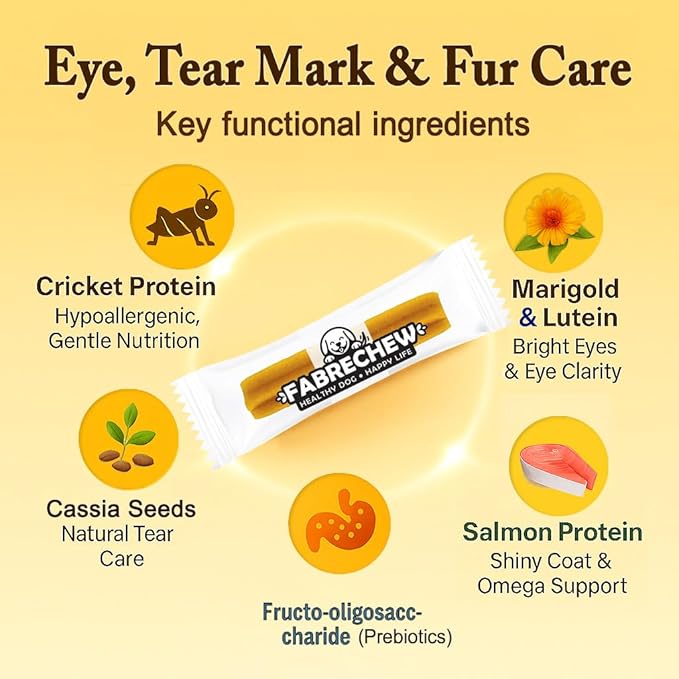 Yellow Eye, Tear Marks & Fur Care Dog Treats – High-Protein Dental Snacks with Cricket & Salmon Protein, Hypoallergenic, Meat Free, Supports Clear Eyes & Healthy Fur, Soft Type (14 Pcs)