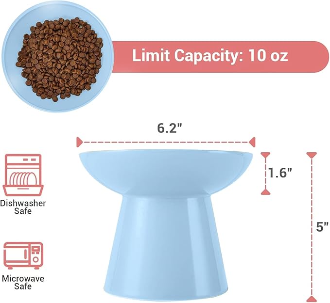 CEEFU Extra Wide Elevated Ceramic Cat Food Bowl - 6.2" Shallow Dish for Whisker Fatigue Relief, 5" Height for Easy Feeding, Lead & Cadmium Free, Durable Raised Cat Food Bowls, Blue
